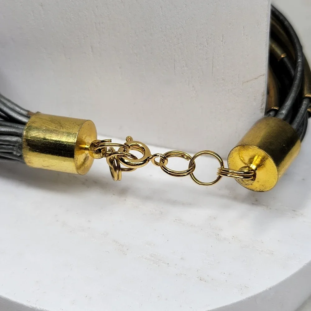 Vintage Multi Strand Leather Band Tube Bracelet Gold Copper Statement 80's